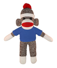 10'' Floppy Royal Blue Sock Monkey with custom text tee, soft and cuddly