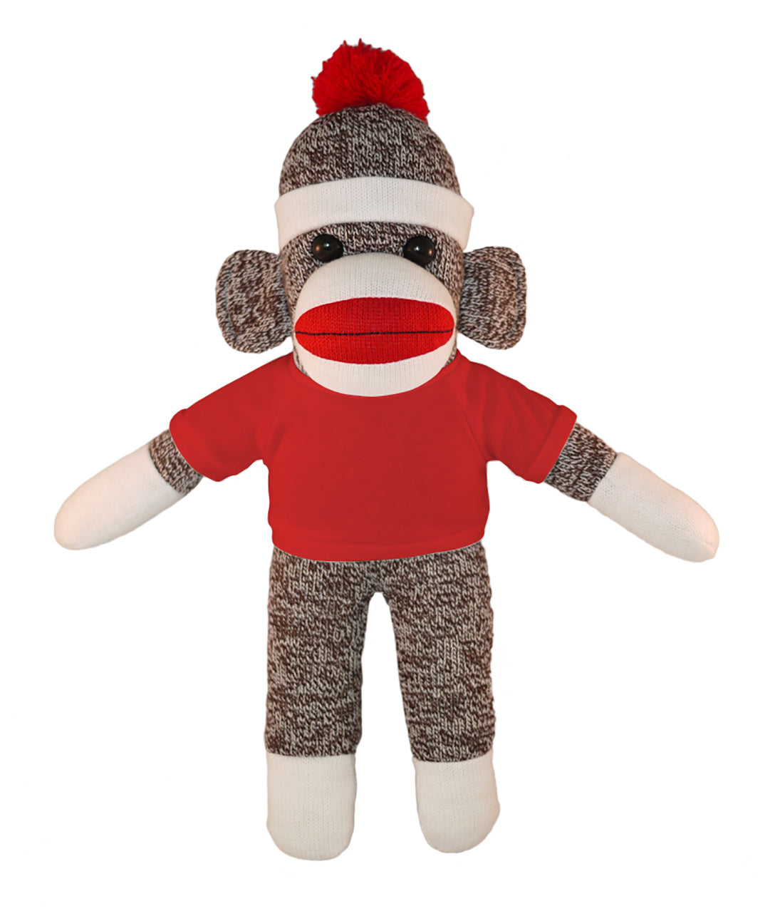 10'' Floppy Red Sock Monkey with custom text tee, soft and cuddly