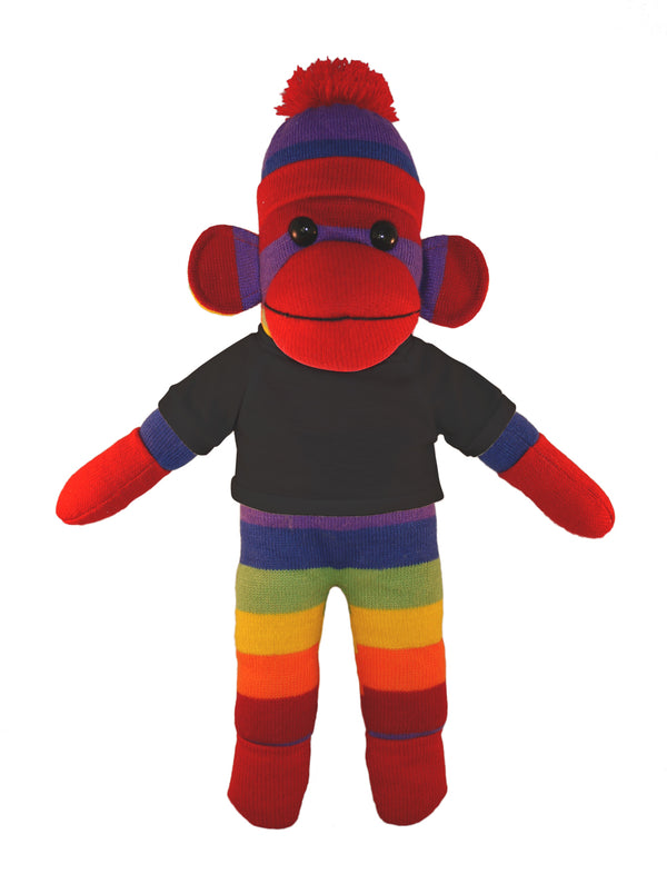 Floppy Rainbow Sock Monkey with Tee - Custom Text on Shirt 10 Inch