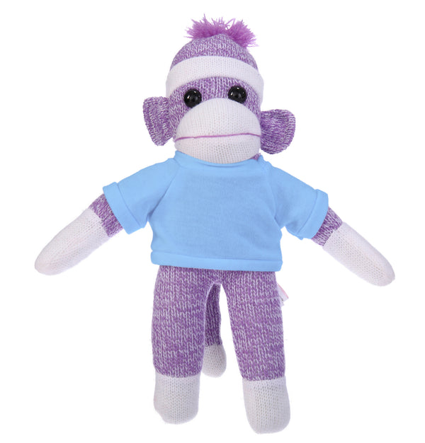 10'' Baby Blue Floppy Sock Monkey, soft, customizable, and cuddly