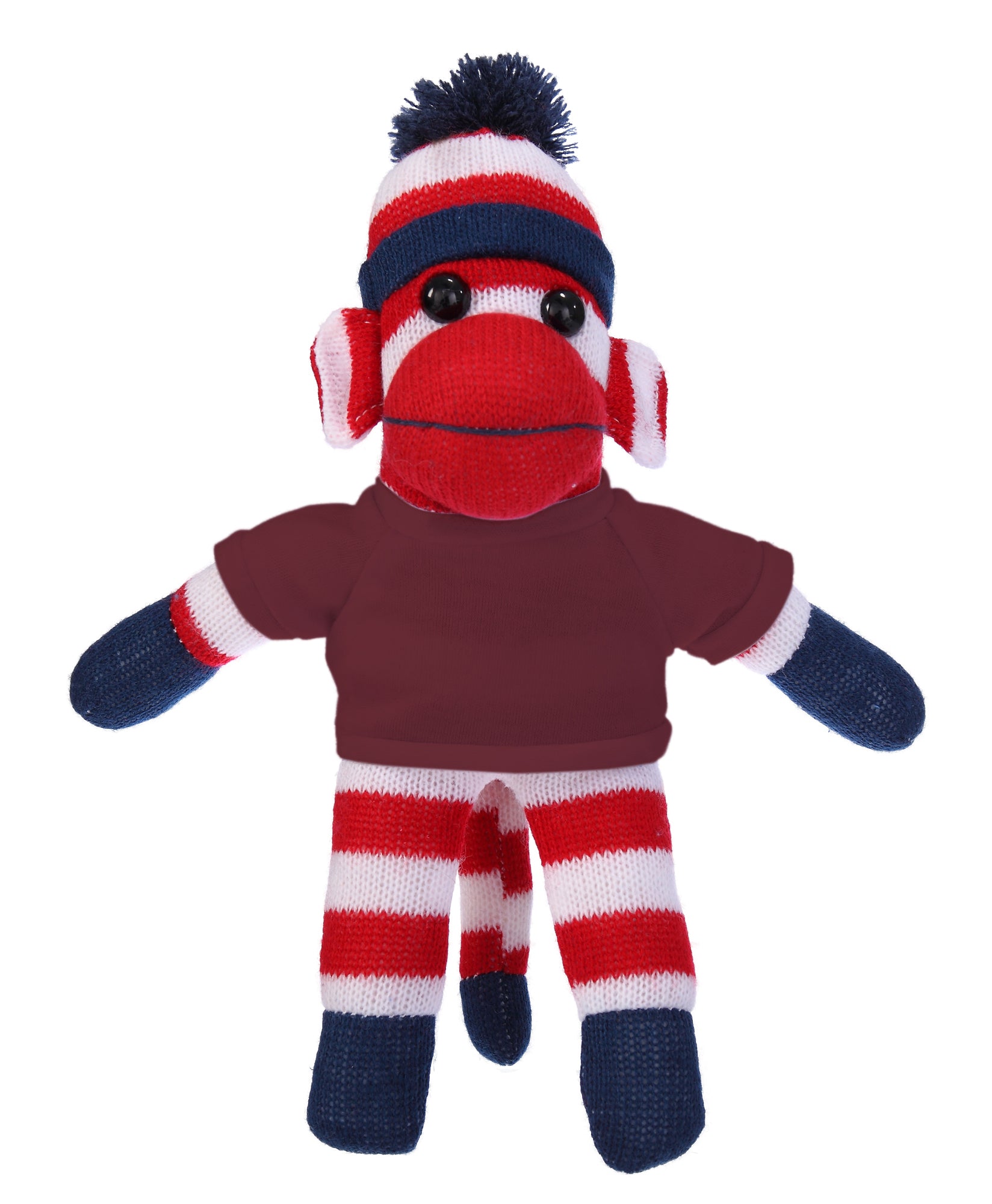 10'' Maroon Patriotic Sock Monkey with customizable t-shirt, soft and cuddly