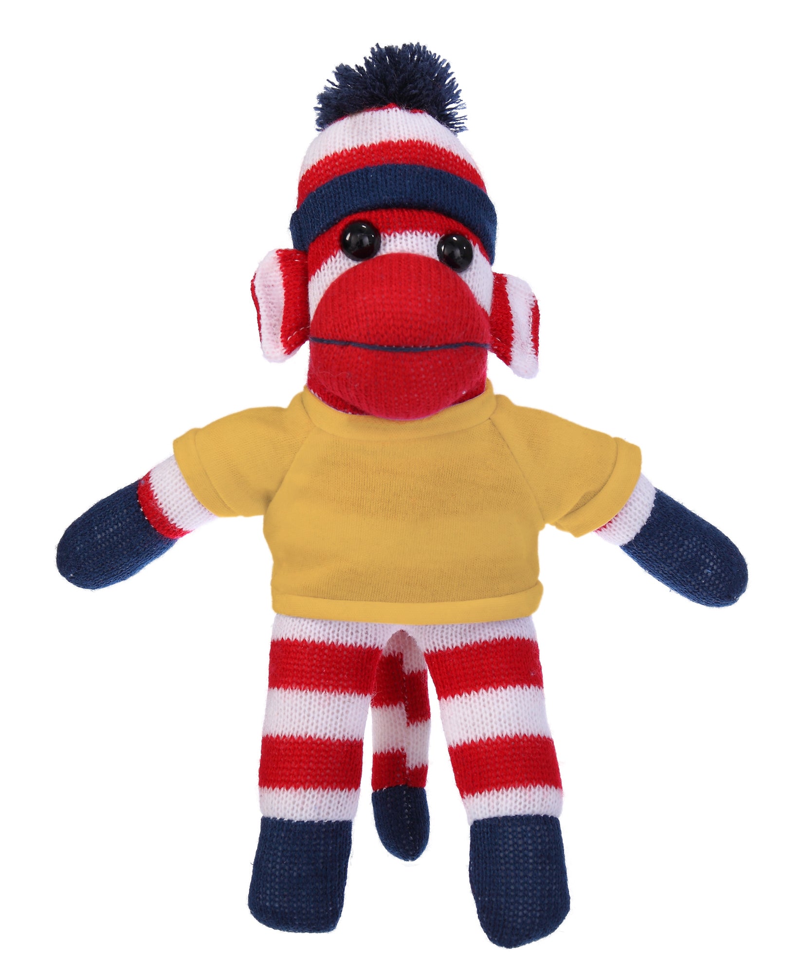 10'' Yellow Patriotic Sock Monkey with customizable t-shirt, soft and cuddly