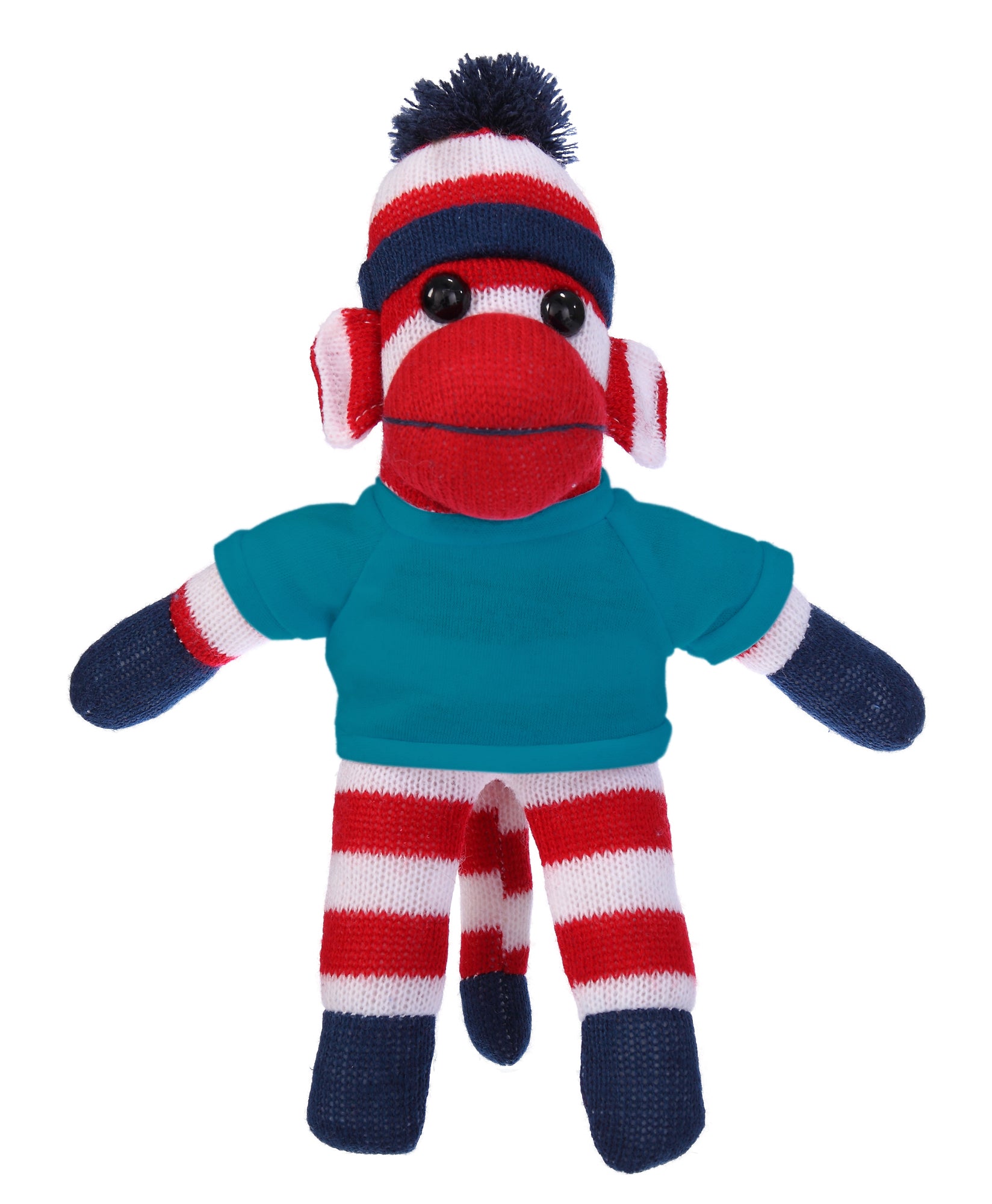 10'' Turquoise Patriotic Sock Monkey with customizable t-shirt, soft and cuddly