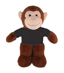 A plush toy resembling a floppy monkey wearing a blue tee shirt, with a soft brown body and long arms.