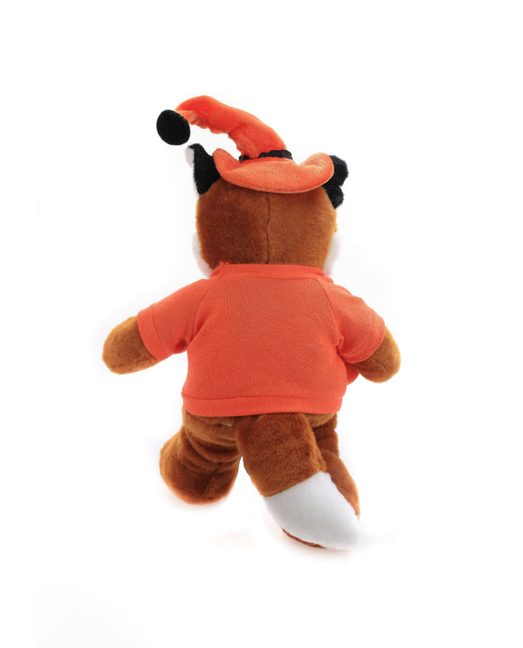 Back view of Halloween Cuddly Fox Plush wearing a Halloween T-shirt and festive hat