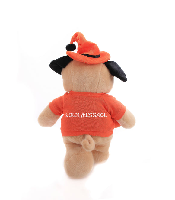 Back view of Halloween Pug Stuffed Animal 12" showcasing its Halloween outfit and floppy design