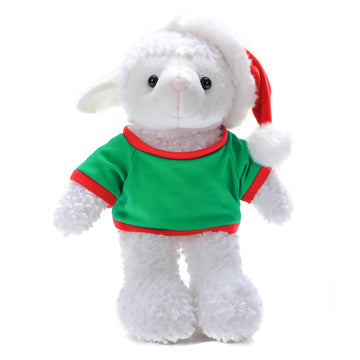 12-inch personalized plush sheep 
Standing with Christmas green shirt, soft and cuddly by Plushland