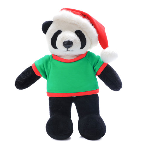 12-inch Holiday Christmas panda plush toy Standing with customizable Green tee, soft and cuddly by Plushland