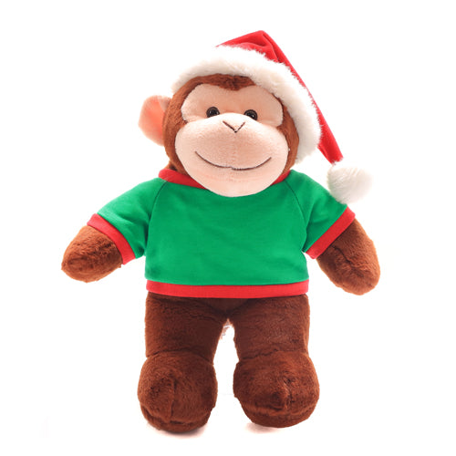 12-inch personalized plush monkey Standing with Christmas green shirt, soft and cuddly by Plushland